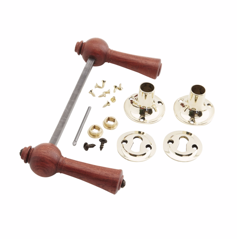 Dørgreb bubinga Knebel m/mess roset Ø50 t/gl. dør