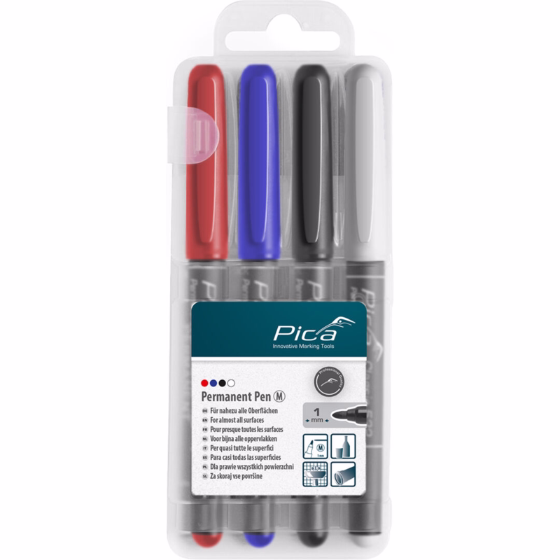 Permanent pen Classic DRY-SAFE 1mm hvid/sort/blå/rød, á 4 st