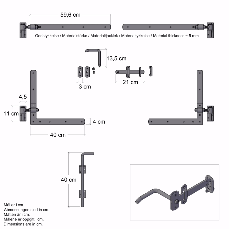 Beslag t/dobbeltdør m/justerbar stabler, greb, skudrigle