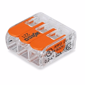 Wago - Samlemuffe 3x0,2-4 mm² transparent, serie 221, pk á 5 stk
