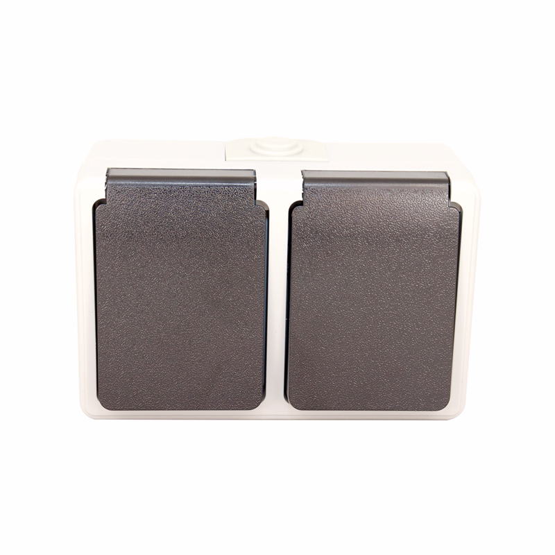 Stikkontakt, dobbelt m/jord, vandret, IP54, 13A