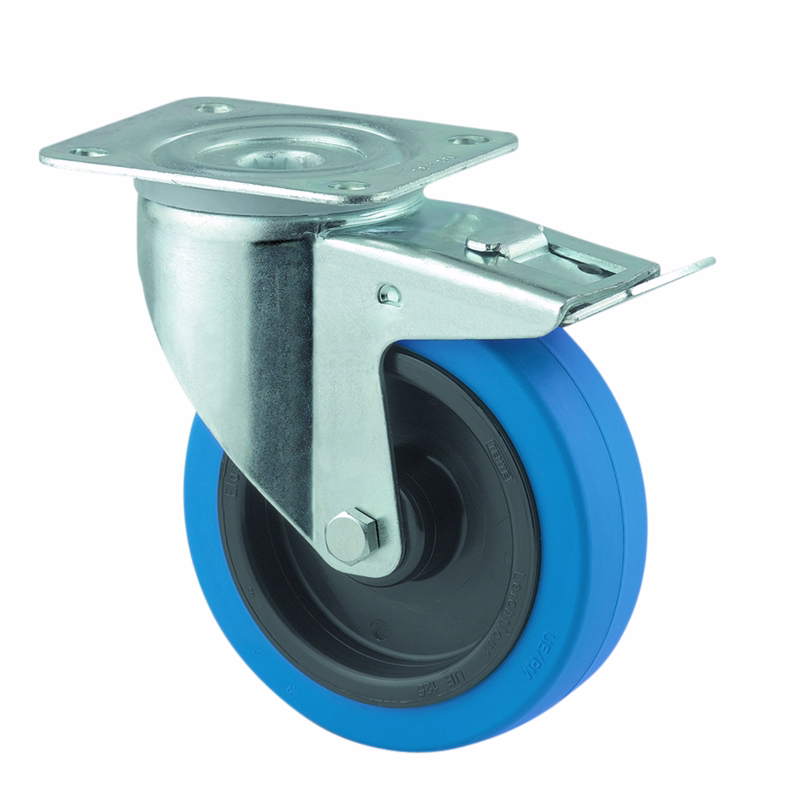 Hjul drejelig m/plade og bremse fzb/gummi blå Ø100mm 160kg