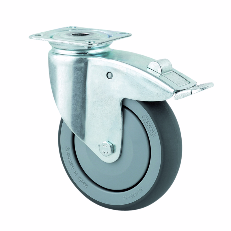 Hjul drejelig m/plade og bremse fzb/gummi Ø100mm 100kg