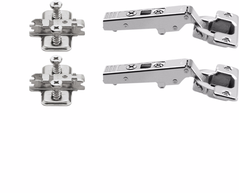 Hængsel m/dæmp udenpålig. Ø35 107° m/bagpl. pk á 2 stk