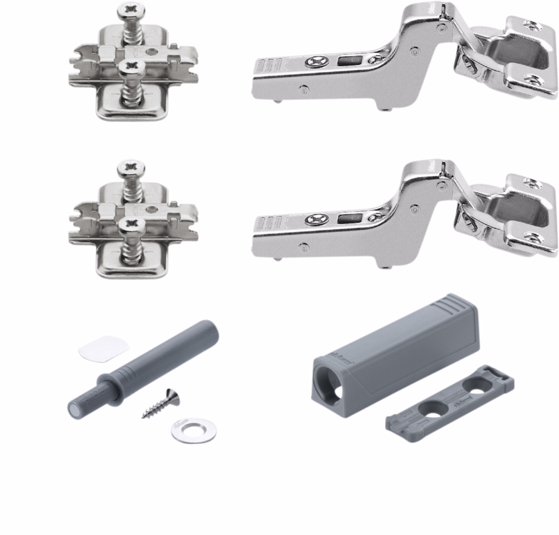 Hængsel u/fj. Tip-on indenilig. Ø35 107° m/bagpl. pk á 2 stk