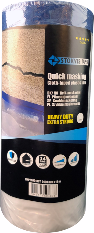 Afdækningsplast m/byggetape 2,4m x 18m