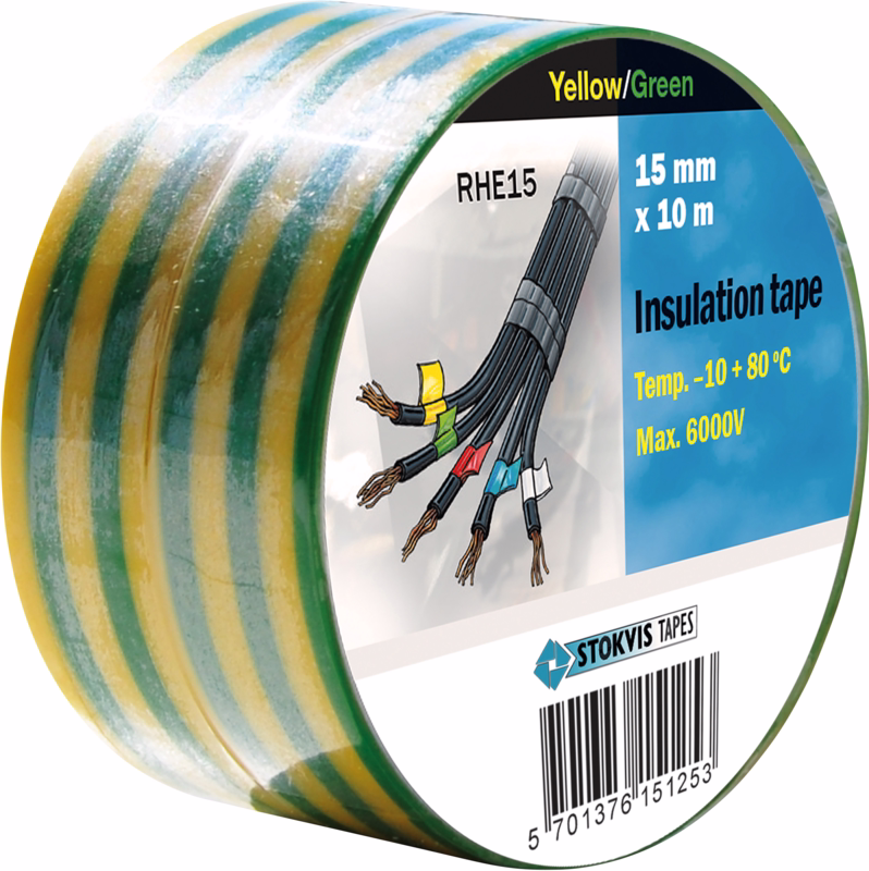 Isoleringstape grøn/gul 15mm x 10m, 2 pak