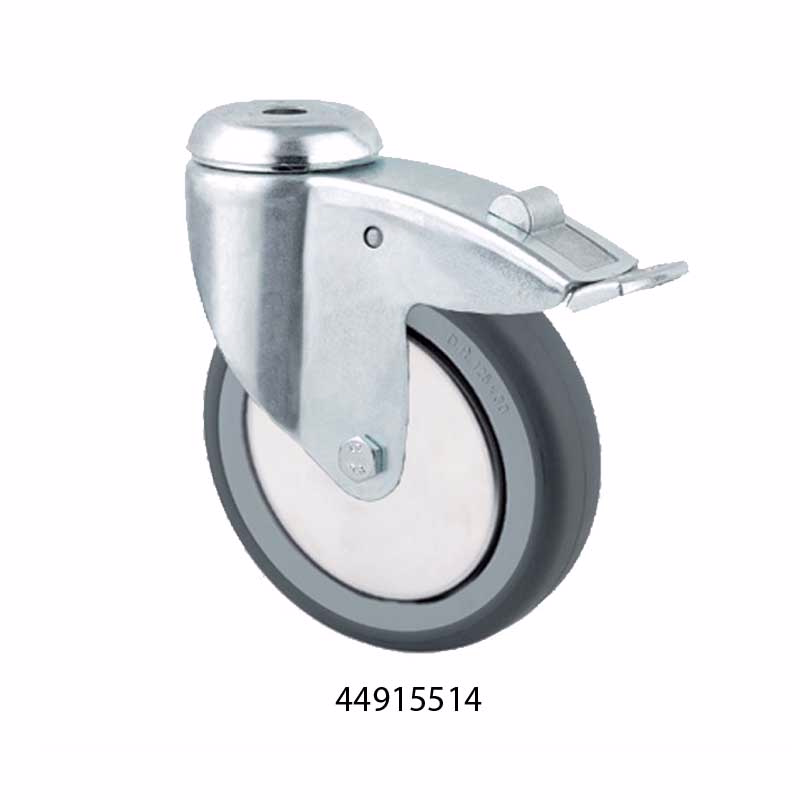 Hjul drejelig m/bolthul og bremse fzb/gummi Ø100mm 100kg